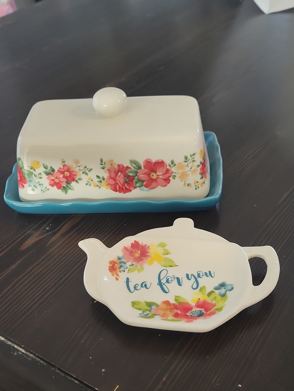 Pioneer Woman Floral Ceramic Butter Dish and Teapot Spoon Rest